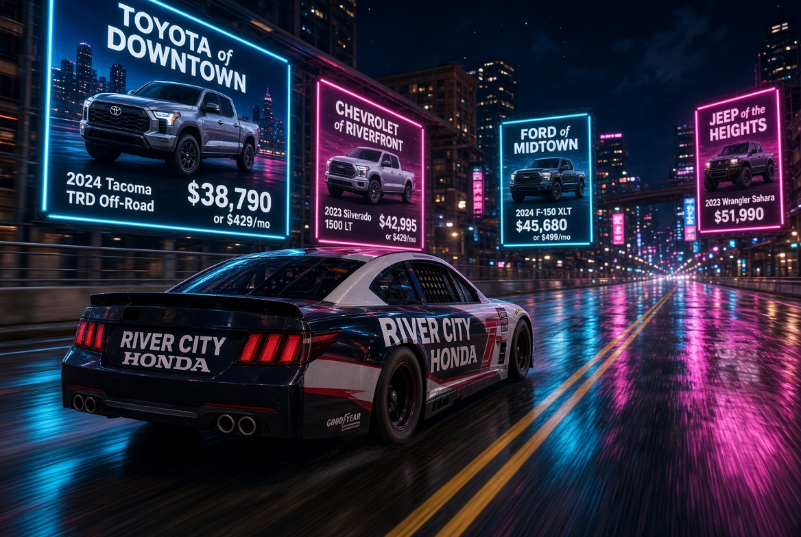 Night race with local dealer banners and branded car